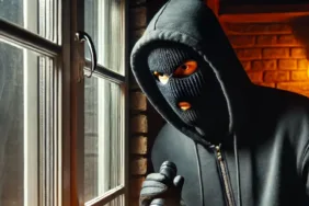 DALL·E 2025-03-02 11.25.43 – A masked burglar dressed in black sneaking into a house at night through a window, holding a flashlight and a crowbar. The scene is dimly lit with a s
