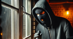 DALL·E 2025-03-02 11.25.43 - A masked burglar dressed in black sneaking into a house at night through a window, holding a flashlight and a crowbar. The scene is dimly lit with a s