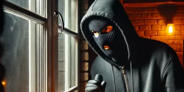 DALL·E 2025-03-02 11.25.43 – A masked burglar dressed in black sneaking into a house at night through a window, holding a flashlight and a crowbar. The scene is dimly lit with a s