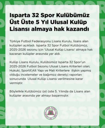 Isparta 32 Spor’a TFF’den Üst Üste 5. Kez Ulusal Kulüp Lisansı