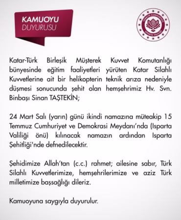 Katar Şehidi Binbaşı Sinan Taştekin Isparta’da Toprağa Veriliyor