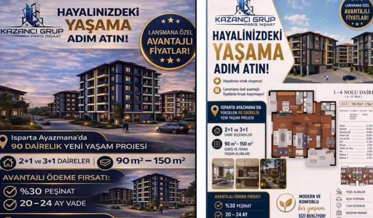 Isparta Ayazmana'da 90 Dairelik Yeni Konut Projesi Satışta