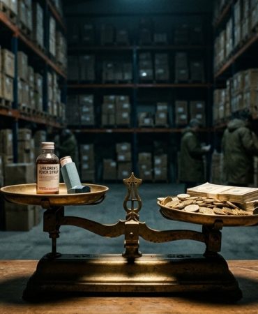 A cinematic editorial photograph depicting the tension between profit and public health. In a dimly lit, cold industrial warehouse with towering metal shelves, an antique brass scale sits in the foreground. On one tray of the scale is a child’s fever syrup bottle and a medical inhaler; on the other tray is a heavy, overflowing stack of gold coins and currency notes, tilting the balance toward the money. The background is filled with rows of dusty, stockpiled crates of medicine stretching into the deep shadows. The lighting is dramatic and moody, using a chiaroscuro effect to emphasize the ethical conflict of hoarding life-saving supplies in secret.