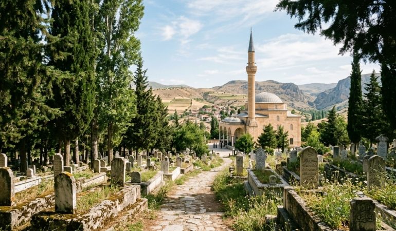 A cinematic, wide-angle shot of a serene Anatolian landscape at noon, featuring a traditional stone mosque with a single slender minaret in the background. In the foreground, a peaceful cemetery is nestled among tall, dark green cypress trees and weathered marble headstones. The warm, golden sunlight of a summer afternoon filters through the branches, casting soft shadows across the quiet grounds. The atmosphere is one of profound peace, dignity, and timeless remembrance, captured in a high-quality, editorial photography style with a soft, respectful color palette.