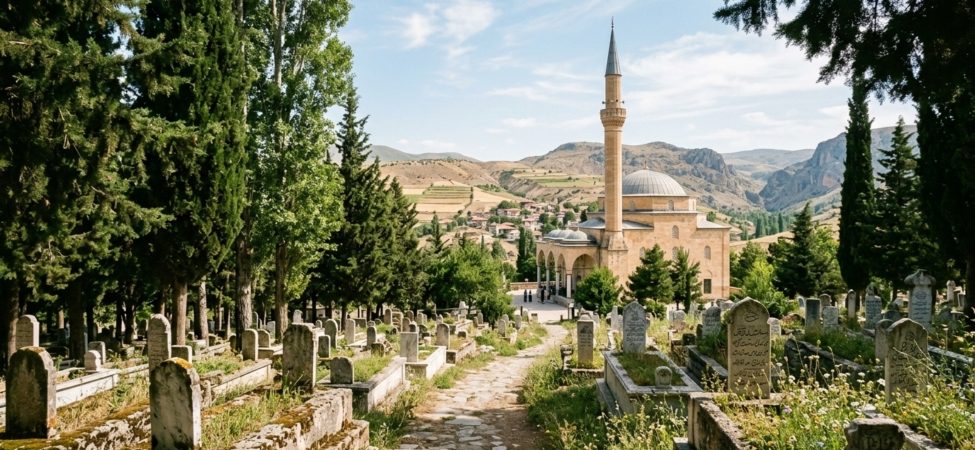 A cinematic, wide-angle shot of a serene Anatolian landscape at noon, featuring a traditional stone mosque with a single slender minaret in the background. In the foreground, a peaceful cemetery is nestled among tall, dark green cypress trees and weathered marble headstones. The warm, golden sunlight of a summer afternoon filters through the branches, casting soft shadows across the quiet grounds. The atmosphere is one of profound peace, dignity, and timeless remembrance, captured in a high-quality, editorial photography style with a soft, respectful color palette.