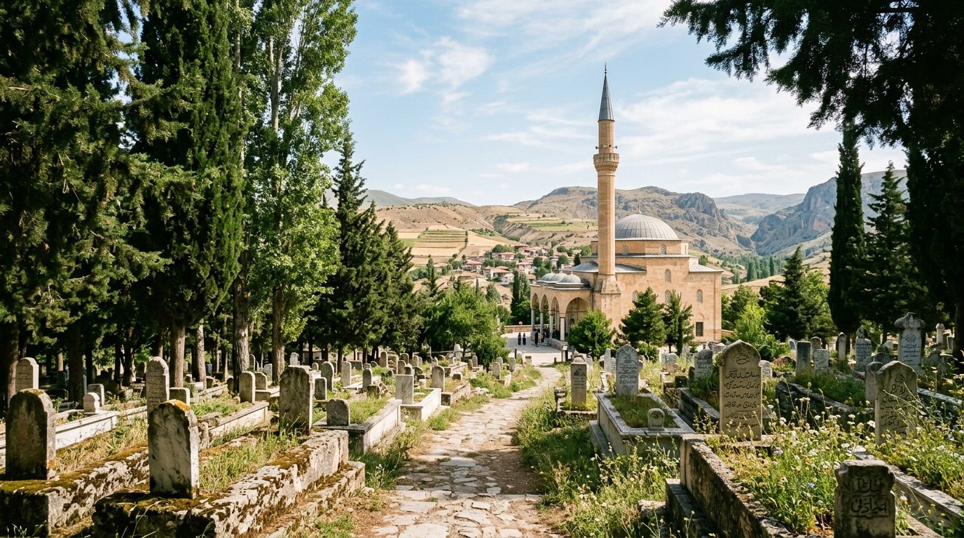 A cinematic, wide-angle shot of a serene Anatolian landscape at noon, featuring a traditional stone mosque with a single slender minaret in the background. In the foreground, a peaceful cemetery is nestled among tall, dark green cypress trees and weathered marble headstones. The warm, golden sunlight of a summer afternoon filters through the branches, casting soft shadows across the quiet grounds. The atmosphere is one of profound peace, dignity, and timeless remembrance, captured in a high-quality, editorial photography style with a soft, respectful color palette.