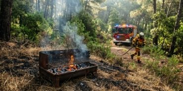 A cinematic, editorial-style photograph capturing a dramatic scene in a Mediterranean pine forest. In the foreground, an abandoned metal barbecue grill sits on scorched dry grass, with bright orange embers still glowing and thin trails of smoke rising into the air. The background features a lush, green forest under a hazy, sunlight-dappled canopy. In the middle ground, a fire engine with its emergency lights flashing is parked on a nearby roadside, and a firefighter in protective gear is seen rushing toward the smoldering fire with a water hose. The lighting is intense and atmospheric, emphasizing the contrast between the small spark of fire and the vast, fragile beauty of the surrounding nature.