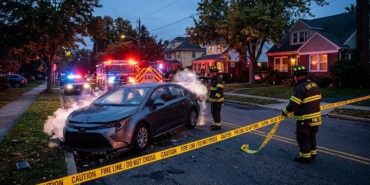 A cinematic, wide-angle editorial photograph of a single-vehicle accident on a quiet residential street at dusk. A modern sedan with a crumpled front bumper sits stationary, with a visible plume of white gas or vapor escaping from under the hood, illuminated by the strobing red and blue lights of emergency vehicles. In the background, the blurred lights of a fire truck and a police car create a sense of urgency. Firefighters in reflective protective gear are seen in the mid-ground, securing the area with bright yellow caution tape. The atmosphere is tense but controlled, capturing the moment a potential disaster is averted in a peaceful neighborhood setting.