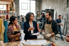 A high-resolution, editorial-style photograph depicting a visionary leader in a dynamic, multi-faceted industrial workspace, engaged in an earnest and collaborative conversation with a group of diverse professionals, including a stone mason and a textile merchant. The setting artfully blends elements of various industries: large, textured marble slabs leaning against a wall, shelves of artisanal food products, and vibrant rolls of fabric in the background. Natural sunlight streams through large industrial windows, illuminating the scene with a sense of transparency and optimism. The focus is on the authentic human connection and the exchange of ideas, captured with a shallow depth of field to emphasize the determined and hopeful expressions of those working together to build a shared economic future.