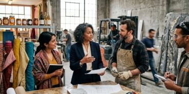 A high-resolution, editorial-style photograph depicting a visionary leader in a dynamic, multi-faceted industrial workspace, engaged in an earnest and collaborative conversation with a group of diverse professionals, including a stone mason and a textile merchant. The setting artfully blends elements of various industries: large, textured marble slabs leaning against a wall, shelves of artisanal food products, and vibrant rolls of fabric in the background. Natural sunlight streams through large industrial windows, illuminating the scene with a sense of transparency and optimism. The focus is on the authentic human connection and the exchange of ideas, captured with a shallow depth of field to emphasize the determined and hopeful expressions of those working together to build a shared economic future.
