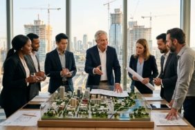 A professional editorial photograph capturing a collaborative summit of architects and urban developers. In a sun-drenched, modern boardroom with floor-to-ceiling windows overlooking a developing cityscape with construction cranes, a group of diverse professionals in business attire is gathered around a large, detailed architectural scale model of a city. A central, distinguished leader with a warm and supportive presence acts as a guiding mentor, gesturing toward the blueprints and the model as he speaks with the group. The atmosphere is one of unity, visionary planning, and problem-solving. The lighting is warm and optimistic, with a shallow depth of field focusing on the collaborative interaction and the intricate details of the miniature city buildings.