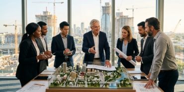 A professional editorial photograph capturing a collaborative summit of architects and urban developers. In a sun-drenched, modern boardroom with floor-to-ceiling windows overlooking a developing cityscape with construction cranes, a group of diverse professionals in business attire is gathered around a large, detailed architectural scale model of a city. A central, distinguished leader with a warm and supportive presence acts as a guiding mentor, gesturing toward the blueprints and the model as he speaks with the group. The atmosphere is one of unity, visionary planning, and problem-solving. The lighting is warm and optimistic, with a shallow depth of field focusing on the collaborative interaction and the intricate details of the miniature city buildings.